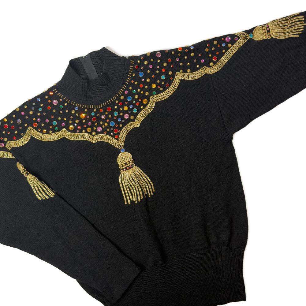 Vintage 80s Antonella Preve NY Gold Tassel + Studs + Rhinestone Sweater Medium - Picture 2 of 16